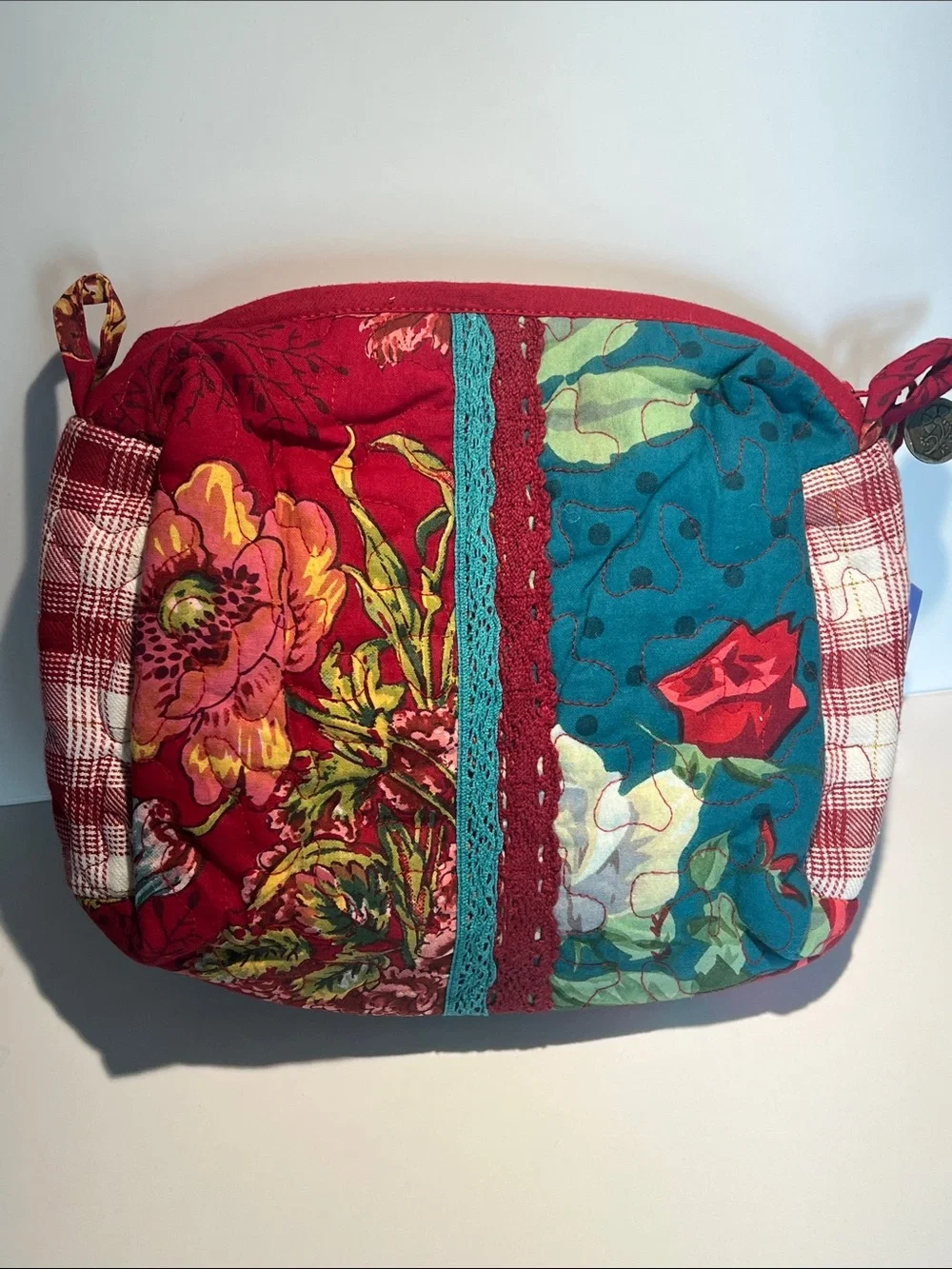 April Cornell Red Floral Quilted Cosmetic Crossbody with Teal Accents